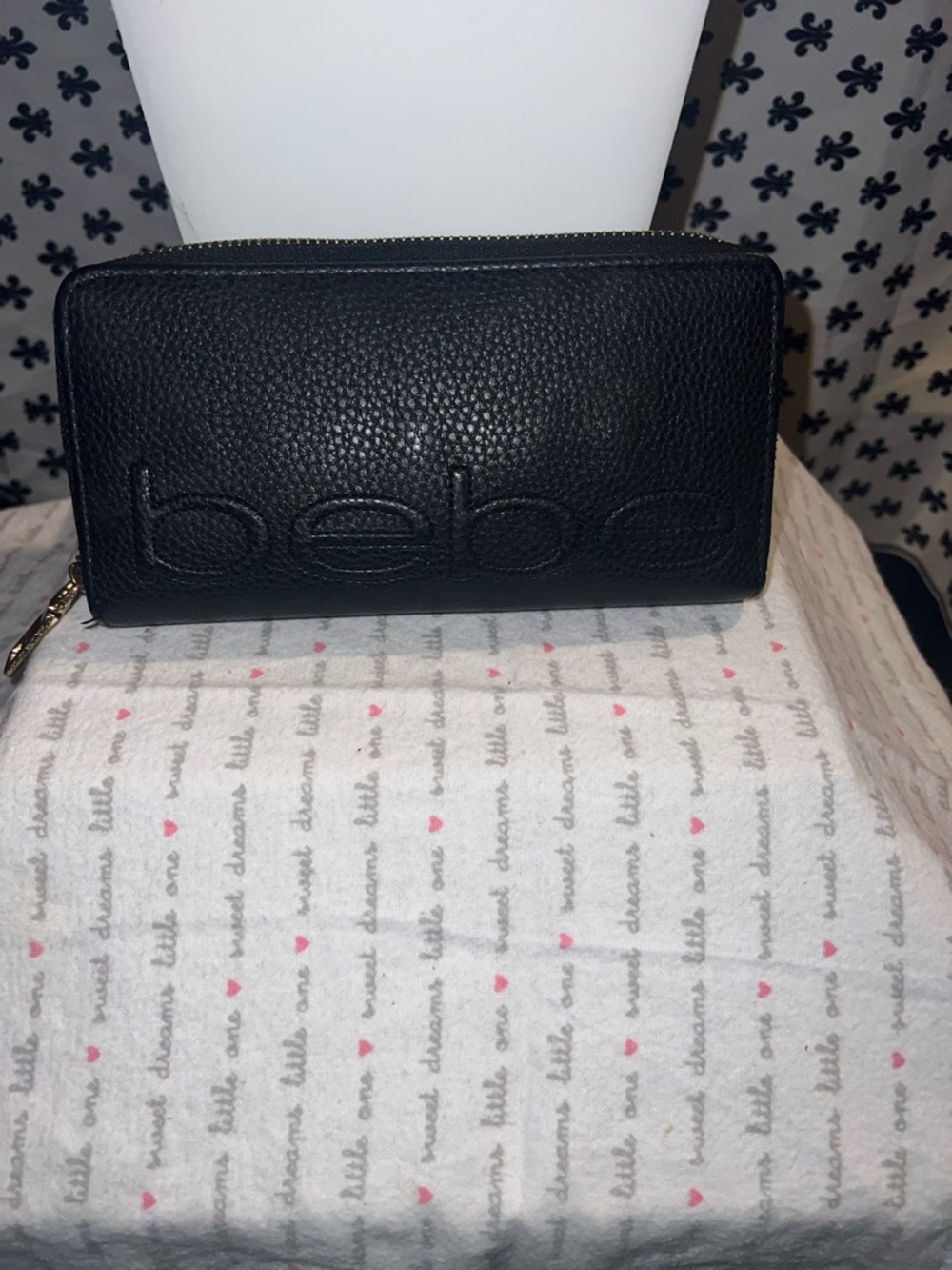 bebe Black Pebbled Zip Wallet with Gold Hardware